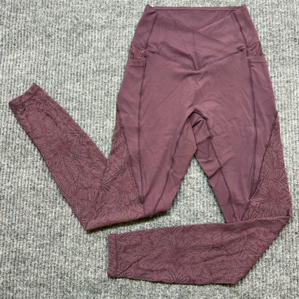 Halara Purple Lace Yoga Leggings S SoftlyZero Crossover Waist Athleisure